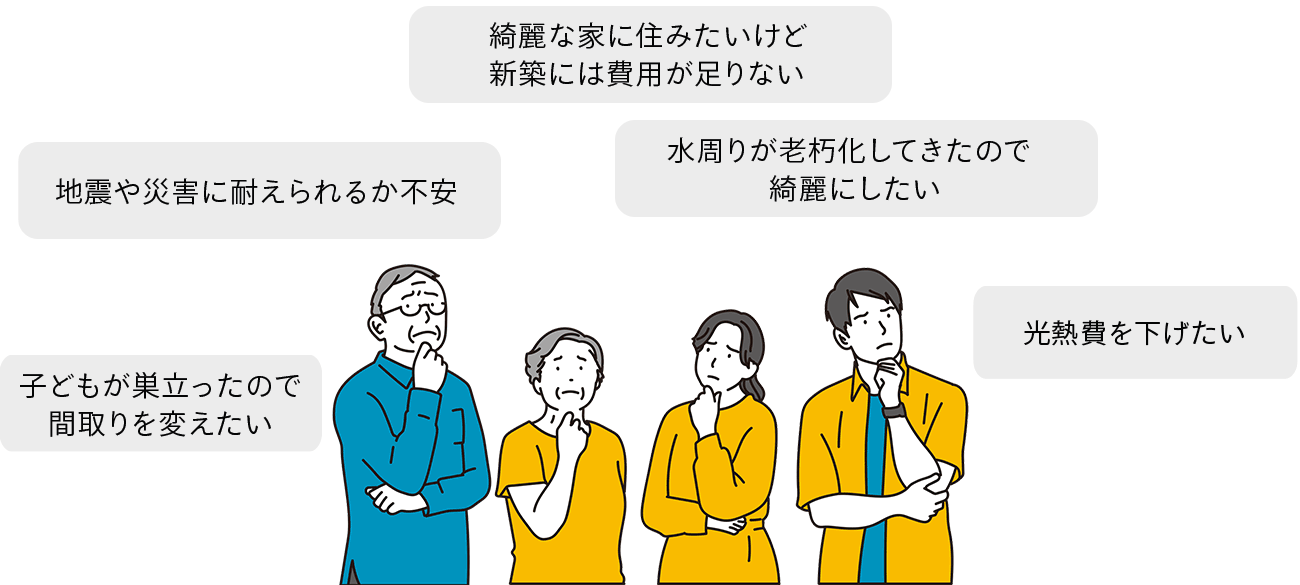 地震や災害に耐えられるか不安　光熱費を下げたい　綺麗な家に住みたいけど 新築には費用が足りない　子どもが巣立ったので 間取りを変えたい　水周りが老朽化してきたので 綺麗にしたい